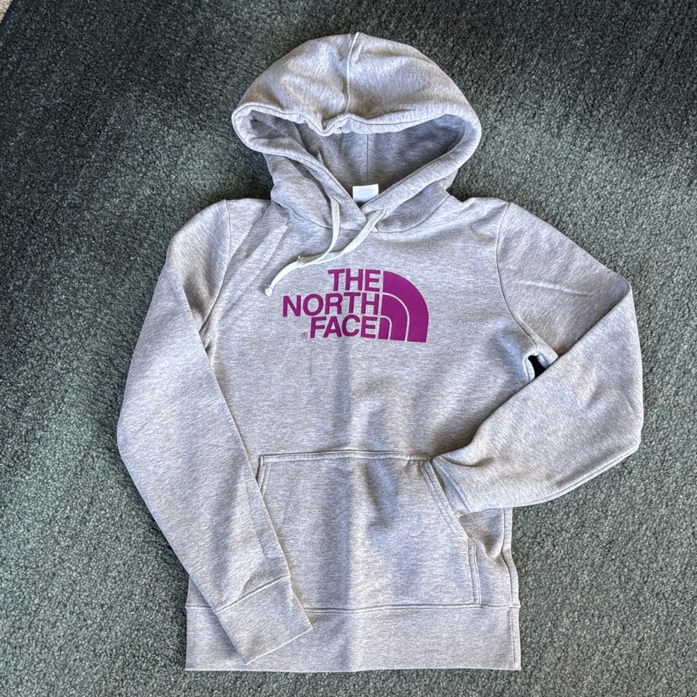 The North Face Heather Gray Hoodie with Magenta Logo